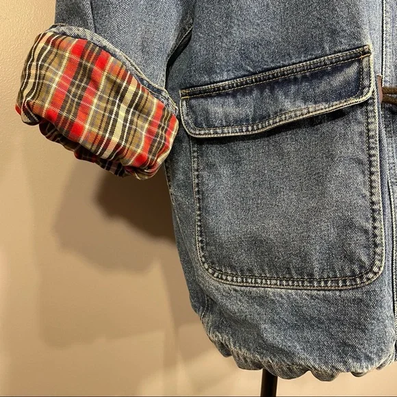 Vintage Liz Claiborne Toggle Heavy Plaid Lined 100% Cotton Jean Jacket Coat Sz M - Picture 5 of 16